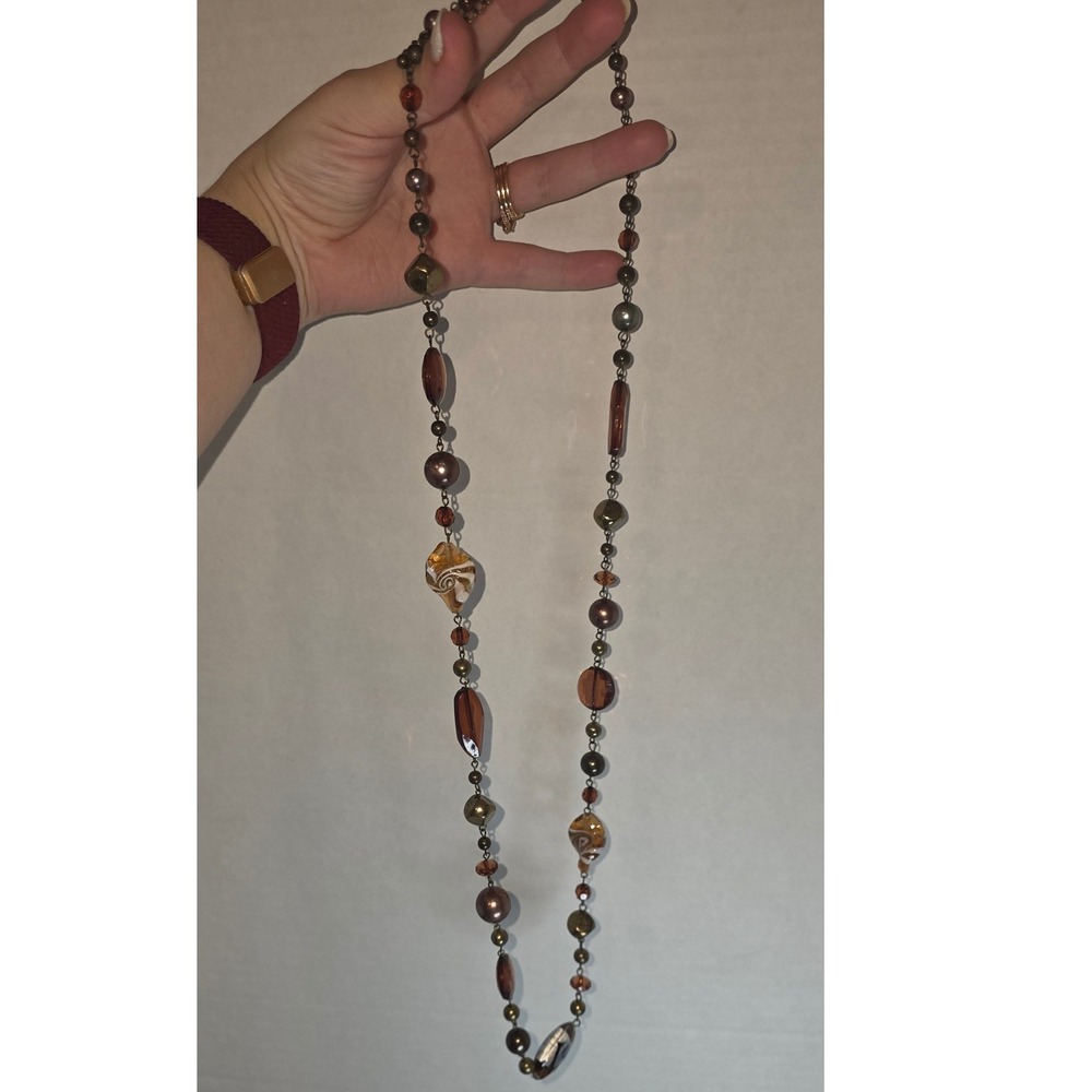 Long Unbranded Blown Glass Bead Necklace Sparkle Art Glass Brown Bronze Tone - Picture 10 of 11